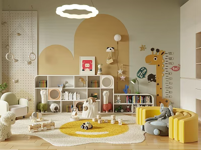 Cozy Kids Room With Toys Bookshelf And Giraffe Mural 3d model