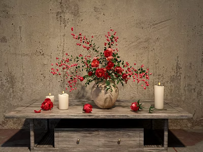 Rustic Wooden Table Decor With Red Flowers Berries Vase And White Candles 3d model
