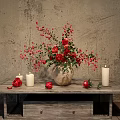 Rustic Wooden Table Decor With Red Flowers Berries Vase And White Candles