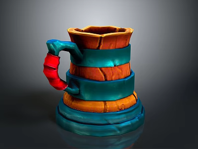Detailed Decorative Wooden Mug With Blue Bands Red Handle And Layered Design 3d model