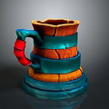 Detailed Decorative Wooden Mug With Blue Bands Red Handle And Layered Design