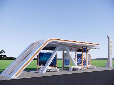 Modern Bus Stop Shelter With Benches Advertisement Panels And Green Field Background 3d model