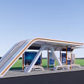 Modern Bus Stop Shelter With Benches Advertisement Panels And Green Field Background