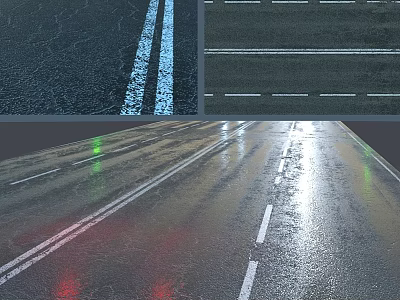 Wet Cracked Road Surface With White Lane Markings And Traffic Reflections 3d model