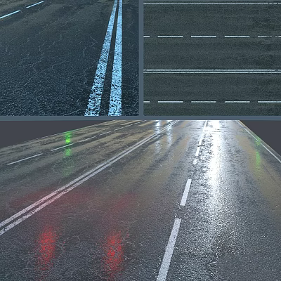 Wet Cracked Road Surface With White Lane Markings And Traffic Reflections 3d model