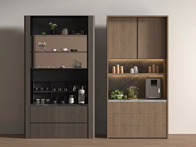 Modern Wooden Wine Cabinets With Lighted Shelves Green Plants Cups And Coffee Machine 3d model