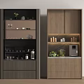 Modern Wooden Wine Cabinets With Lighted Shelves Green Plants Cups And Coffee Machine