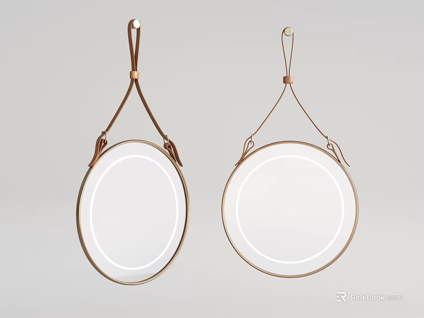 Two Round Mirrors With Copper Frames Hanging By Brown Leather Straps 3d model