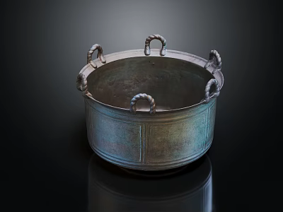 Ancient Bronze Household Container With Loop Handles And Decorative Patterns 3d model