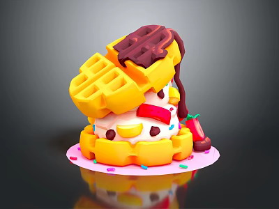 Layered Waffle Dessert With Chocolate Sauce Fresh Strawberry And Colorful Sprinkles On Pink Plate 3d model