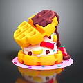 Layered Waffle Dessert With Chocolate Sauce Fresh Strawberry And Colorful Sprinkles On Pink Plate