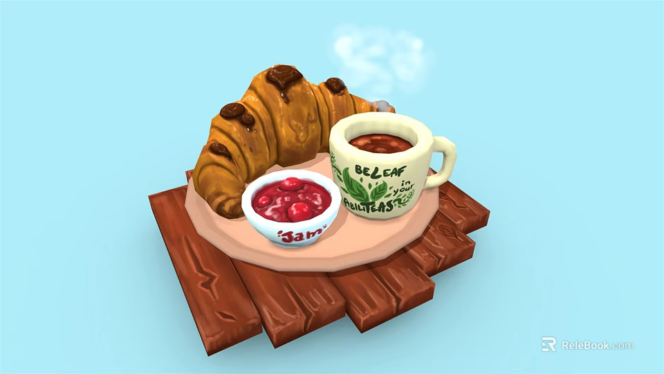 Fresh Croissant With Hot Decaf Beverage And Berry Sauce On Wooden Tray 3d model 