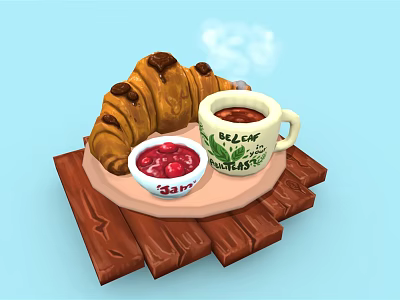 Fresh Croissant With Hot Decaf Beverage And Berry Sauce On Wooden Tray 3d model