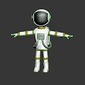 Man in White Astronaut Suit with Orange Stripes Helmet Backpack Outstretched Arms on Black Background