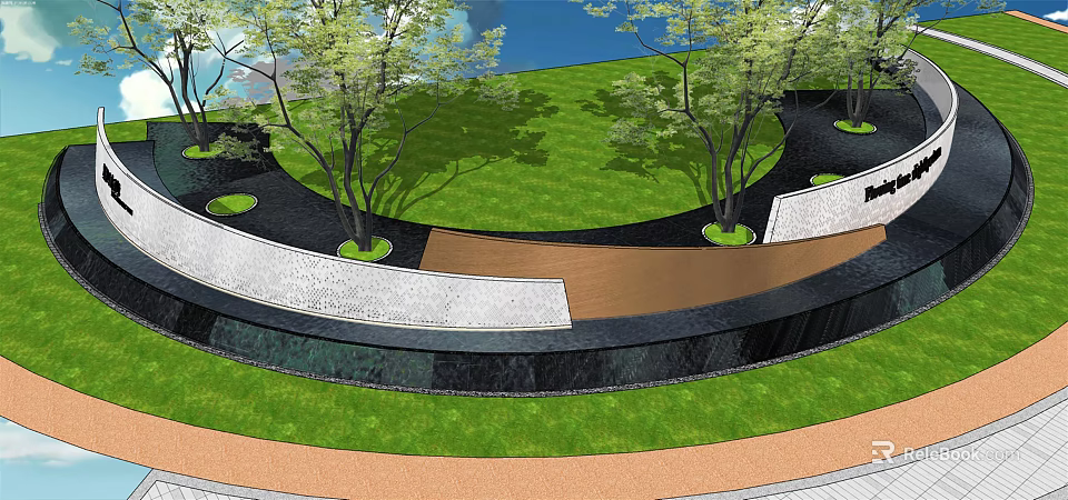 Modern Curved Landscape Wall Design With Green Trees Lawn And Pathway 3d model 