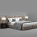 Elegant Double Bed with Gray Upholstered Headboard Gold Accents Nightstands Table Lamps and Pillows