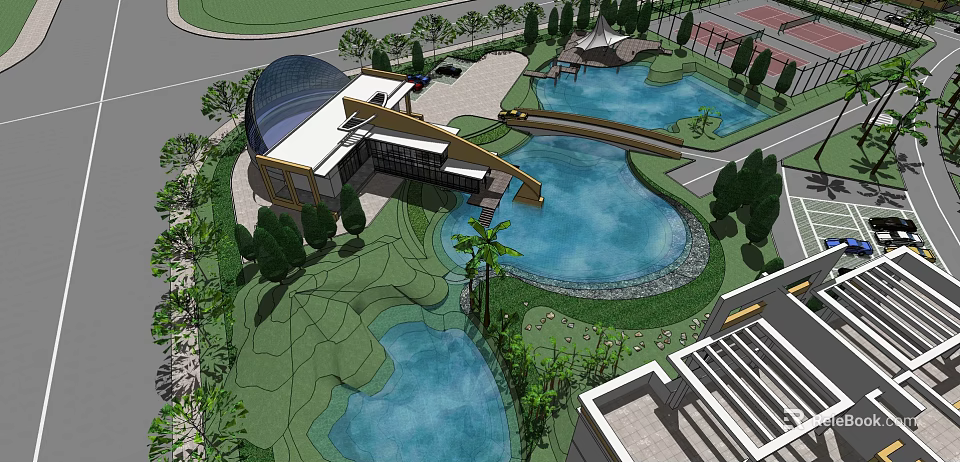 Residential Landscape Design With Serene Ponds Lush Trees Modern Buildings And Curved Bridge 3d model 