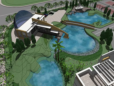 Residential Landscape Design With Serene Ponds Lush Trees Modern Buildings And Curved Bridge 3d model