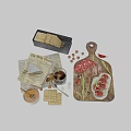 Assorted Cheese Crackers Salami Figs Coffee and Rosemary on Wooden Board with Nuts