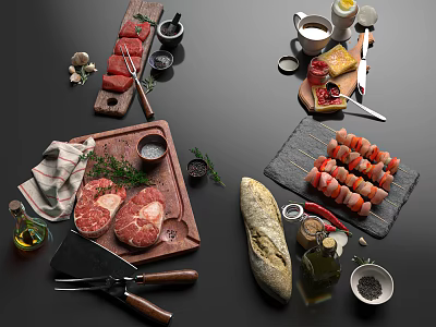 Fresh Raw Steak Sausage Skewers And Bread Loaf With Olive Oil Herbs And Cooking Tools 3d model