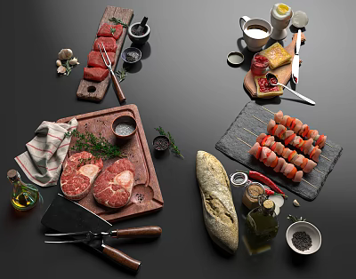 Fresh Raw Steak Sausage Skewers And Bread Loaf With Olive Oil Herbs And Cooking Tools 3d model