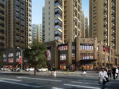 Bustling Modern Commercial Street with High Rise Buildings Shops Billboards and Pedestrians 3d model