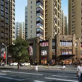 Bustling Modern Commercial Street with High Rise Buildings Shops Billboards and Pedestrians
