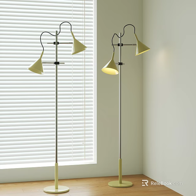 Modern Floor Lamps With Gold Brass Shades And Black Poles Near White Blinds 3d model 