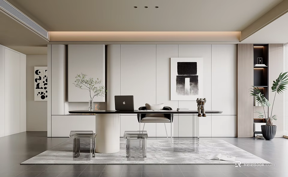 Modern Minimalist Study Room Interior With Desk Computer And Art 3d model