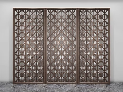 Three Panel Room Divider With Geometric Laser Cut Patterns And Metal Frame 3d model