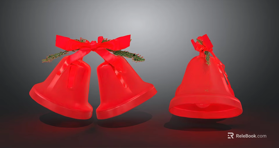 Red Christmas Bells Decorative With Red Bow And Green Pine Branches 3d model 
