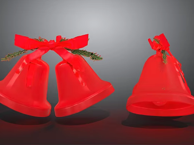 Red Christmas Bells Decorative With Red Bow And Green Pine Branches 3d model