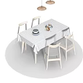 Modern Dining Table Set With Checkered Tablecloth Light Colored Chairs And Pendant Lights 3d model