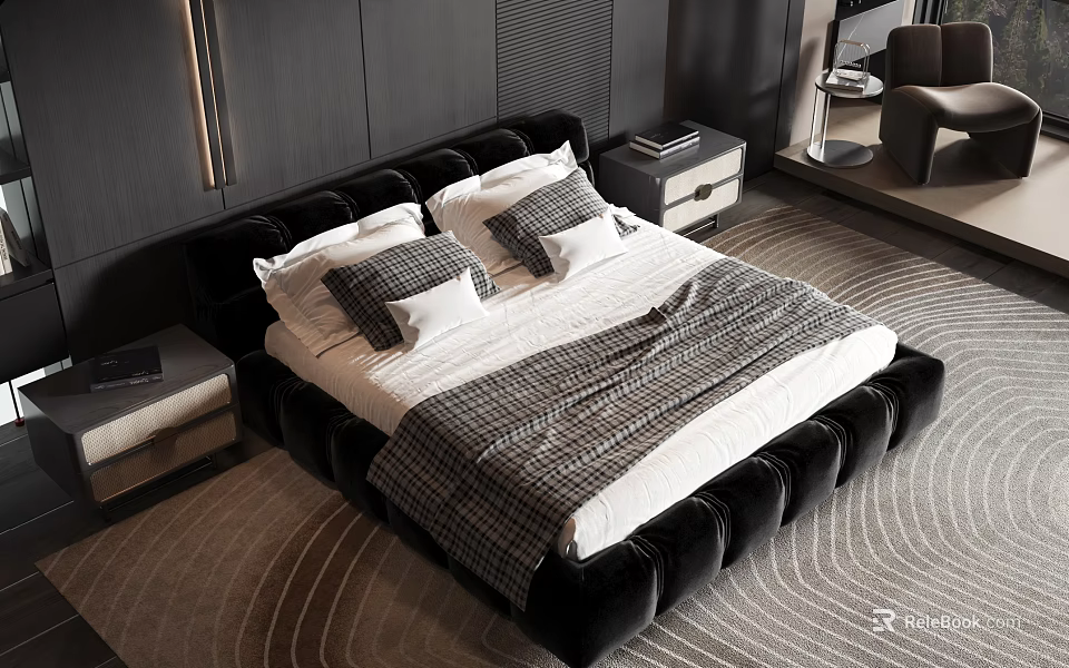 Modern Luxury Double Bed With Upholstered Headboard Plush Bedding And Nightstands In Bedroom Interior 3d model 