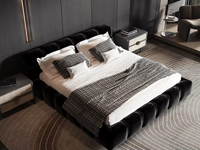 Modern Luxury Double Bed With Upholstered Headboard Plush Bedding And Nightstands In Bedroom Interior 3d model