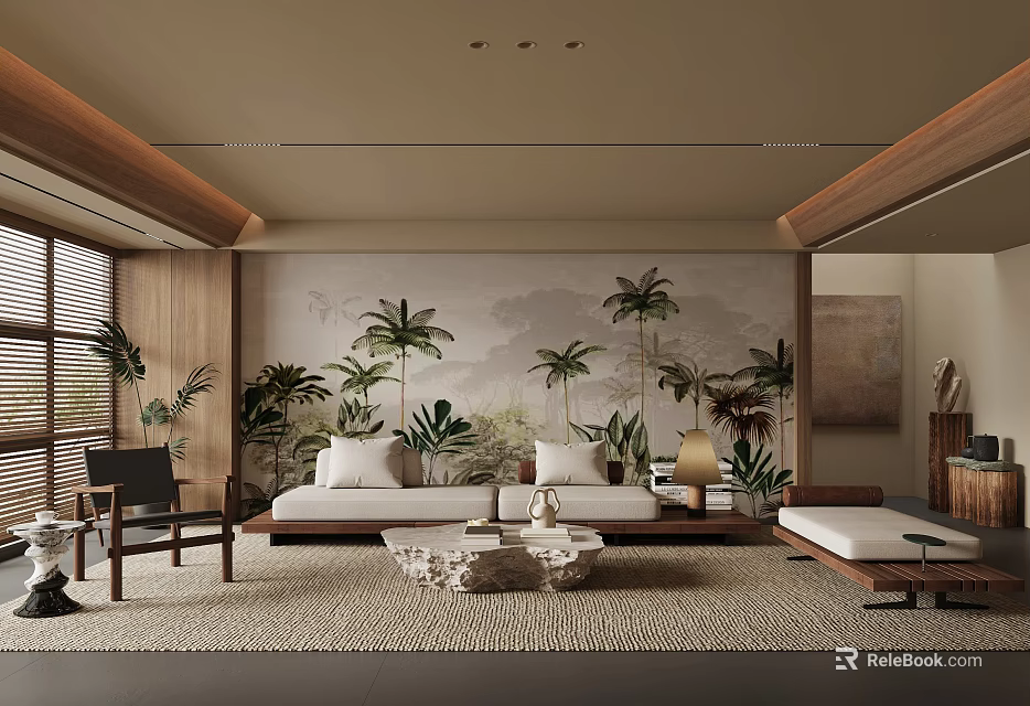 Tropical Living Room With Palm Tree Mural Sofa Coffee Table And Wooden Decor 3d model 