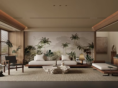 Tropical Living Room With Palm Tree Mural Sofa Coffee Table And Wooden Decor 3d model