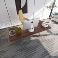 Modern Office Workspace Featuring Wooden Desk Computer And Indoor Green Plants