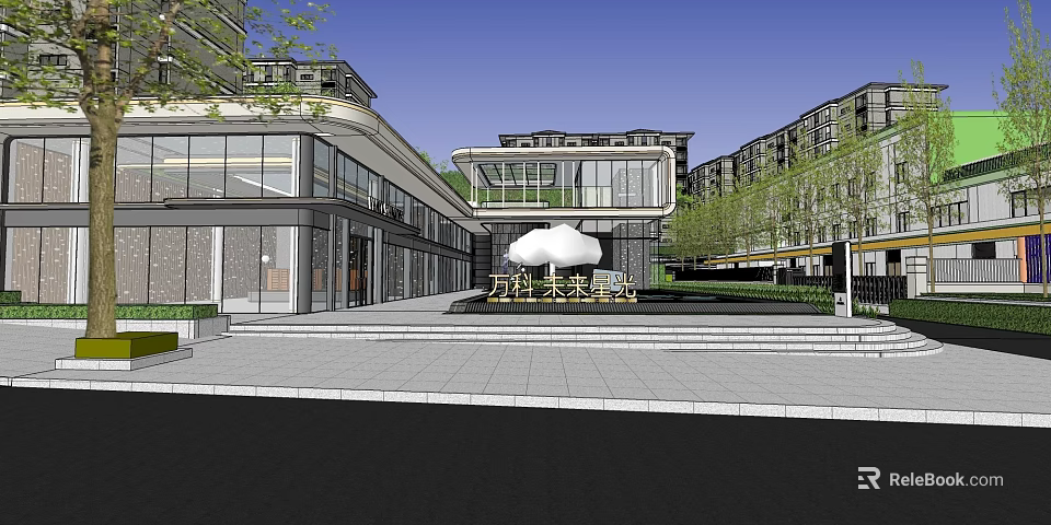 Modern Garden Landscape Design With Plaza Green Plants And Glass Architecture 3d model 