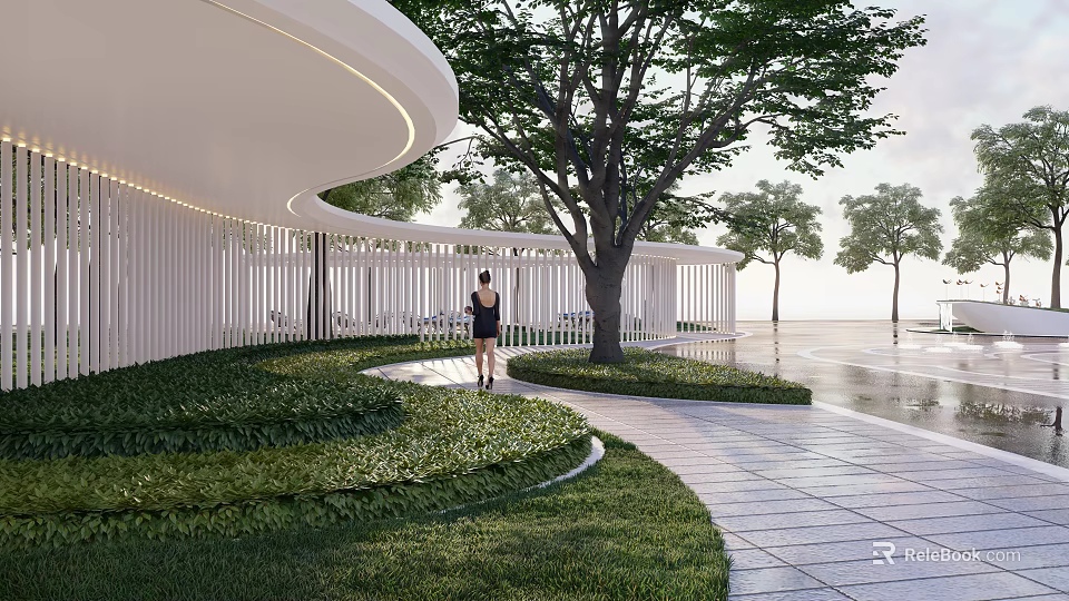 Modern White Pergola with Greenery Lawn Trees and Stone Path in Outdoor Landscape 3d model 