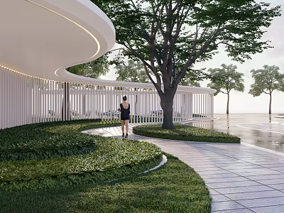 Modern White Pergola with Greenery Lawn Trees and Stone Path in Outdoor Landscape 3d model