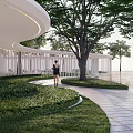 Modern White Pergola with Greenery Lawn Trees and Stone Path in Outdoor Landscape