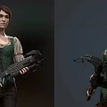 Brave Female Adventurer in Green Vest Holding Axe Among Fern Plants and Forest Creatures