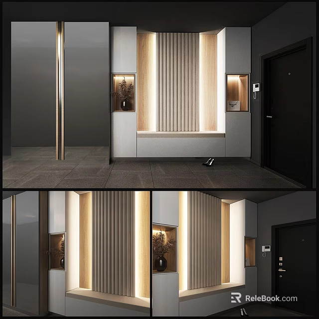 Modern Entryway Hallway Interior Design With Soft Lighting And Vertical Stripe Decor 3d model
