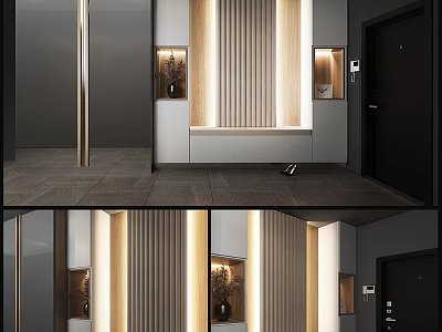 Modern Entryway Hallway Interior Design With Soft Lighting And Vertical Stripe Decor 3d model
