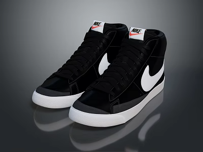 Black High Top Sports Shoes With White Nike Logo Leather Upper And White Sole Design 3d model