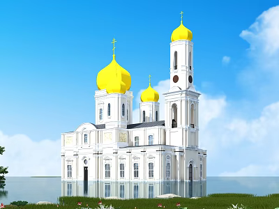European Style Building With Golden Domes White Exterior Blue Sky And Water Reflection 3d model
