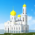 European Style Building With Golden Domes White Exterior Blue Sky And Water Reflection