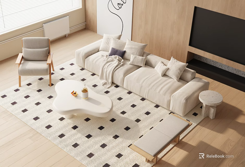 Sofa Coffee Table Set With Cushions Throw Blanket Accent Chair Checkered Rug And Natural Light 3d model 