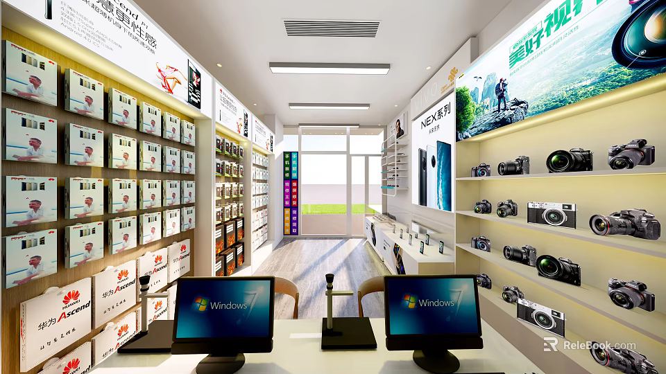Digital Store Interior With Electronics Display Shelves Cameras And Computers 3d model 